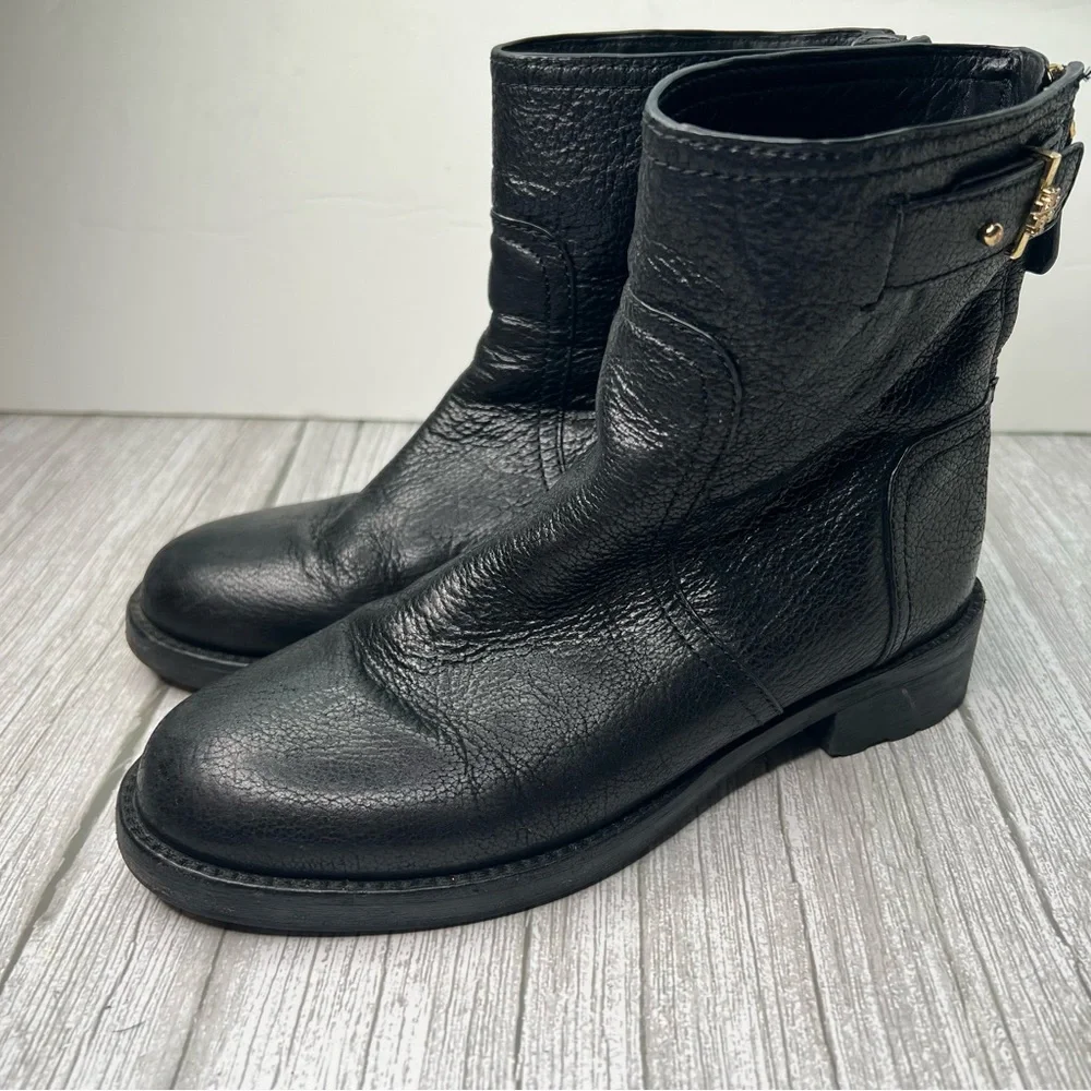 Tory Burch Selena Boots Bootie Black Metallic Distressed Reva Moto Zip Ankle